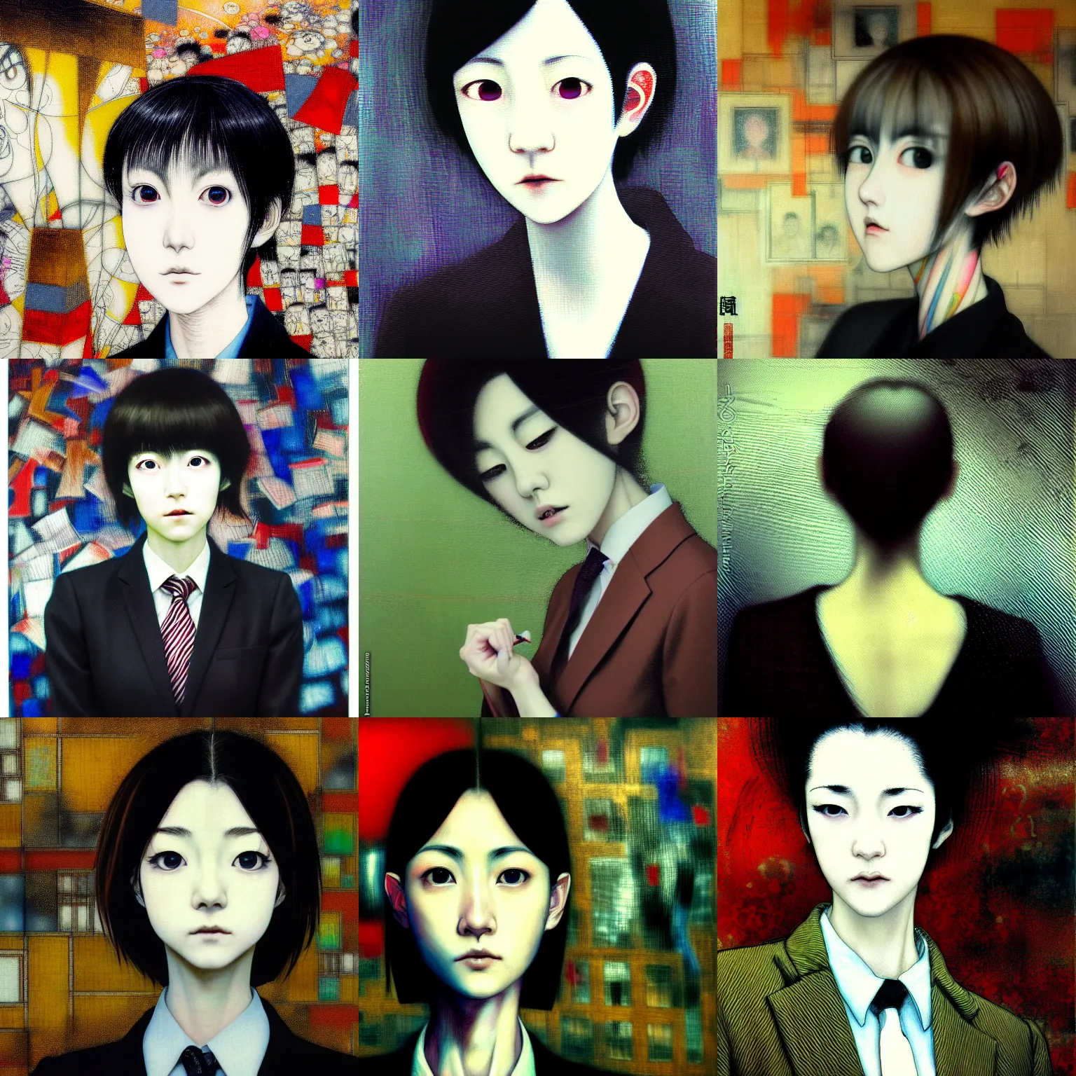 Image similar to yoshitaka amano blurred and dreamy realistic three quarter angle portrait of a young woman with short hair and black eyes wearing office suit with tie, junji ito abstract patterns in the background, satoshi kon anime, noisy film grain effect, highly detailed, renaissance oil painting, weird portrait angle, blurred lost edges