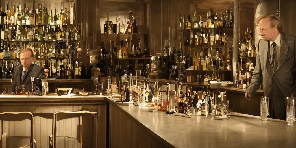 Image similar to an scenario close a bar designed for the director Roy Andersson movie