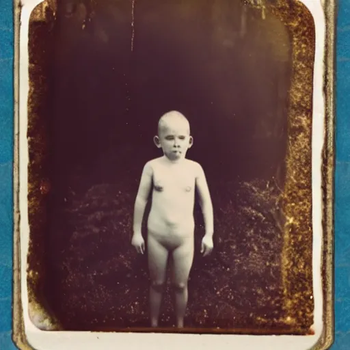 Prompt: tintype photo, swimming deep underwater, kid with huge spider