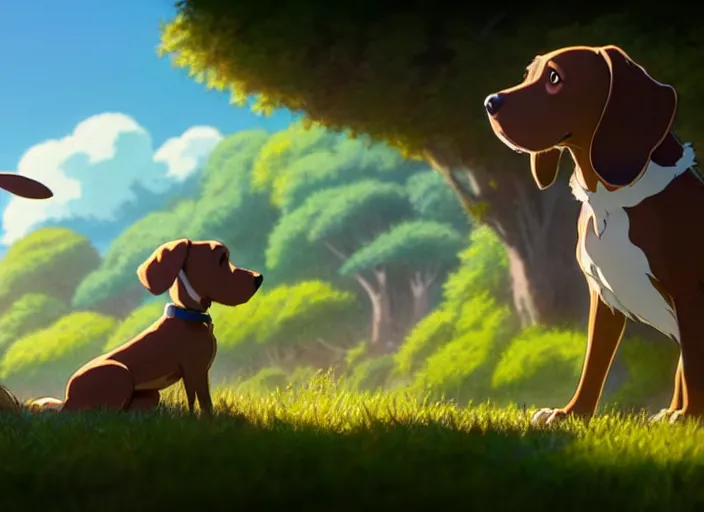 Image similar to a wholesome animation key shot of all brown pointer dog, studio ghibli, pixar and disney animation, sharp, rendered in unreal engine 5, anime key art by greg rutkowski, bloom, dramatic lighting