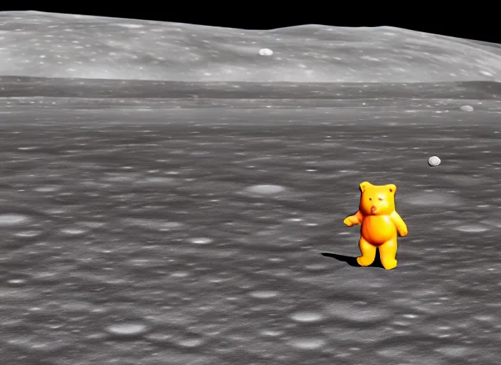 Prompt: a gummy bear walking on the moon staring back at a tiny earth, photorealistic, over the shoulder perspective, we can see earth far out in the distance