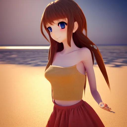 Image similar to Render of a very very very beautiful 3d anime girl, long hair, hazel eyes, cute freckles, full round face, short smile, cute sundress, golden hour, serene beach setting, medium shot, mid-shot, highly detailed, trending on Artstation, Unreal Engine 4k