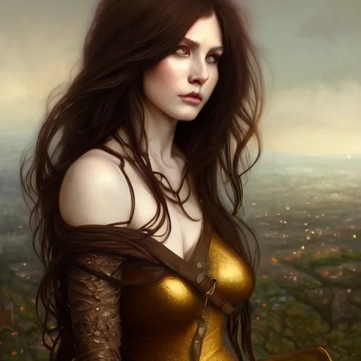 Prompt: brown haired demoness, full body portrait, gentle, female, city landscape, norway, d & d, fantasy, intricate, elegant, highly detailed, digital painting, brown and gold color palette, artstation, octane render, concept art, matte, sharp focus, illustration, herrarthstone, art by artgerm and greg rutkowski and alphonse mucha