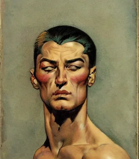 Image similar to portrait of a handsome non binary criminal lost in thought, by frank frazetta, intense desire, high quality, high detail