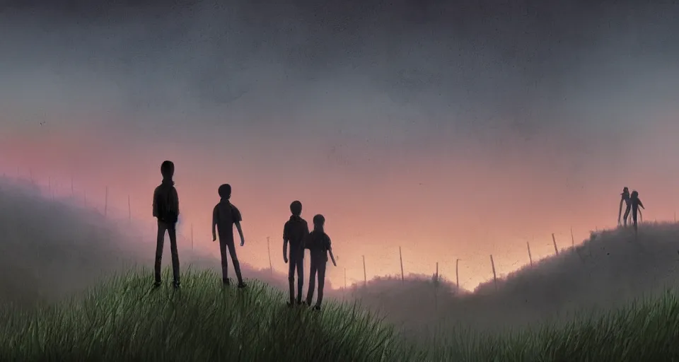 Prompt: two boys and two girls teenagers from behind looking down to a valley, misty sunset, wide shot scenery with a near town in the valley, a twenty meters tall wall at the edge of the town, the wall is build all around, there is a barb wire on the top of the wall, black guardians are patrolling the wall, in the style of Simon Stalenhag, cinematic, dramatic lightning, dystopian