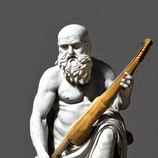 Prompt: epic greek marble statue of a grumpy bald man with a long beard, holding a marble guitar over his head, photo, chiaroscuro