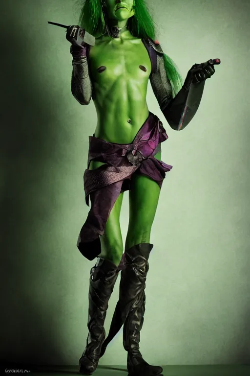 Prompt: a green-skinned female DND verdan, high resolution film still, 8k, HDR colors, cosplay, studio lighting, photo by bruce weber