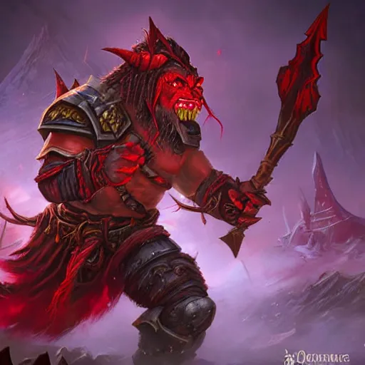 Prompt: red orc warrior, red theme lighting, battlefield background, in hearthstone art style, epic fantasy style art, fantasy epic digital art, epic fantasy card game art