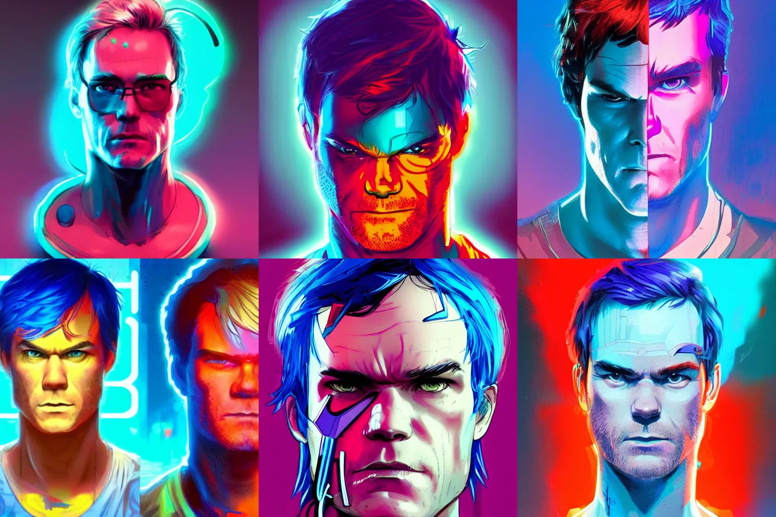 Prompt: cyberpunk dexter morgan with blue hair, neon colors, concept art by artgerm and greg rutkowski and caravaggio and moebius