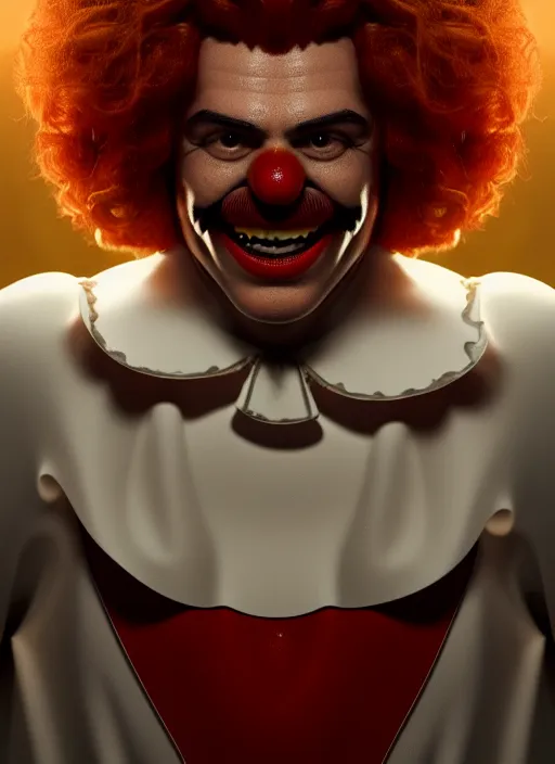 Image similar to portrait of Pedro Sanchez as Ronald McDonald, perfect facial symmetry + dim volumetric lighting, 8k octane beautifully detailed render, post-processing, extremely hyperdetailed, intricate, epic composition, grim yet sparkling atmosphere, cinematic lighting + masterpiece, trending on artstation