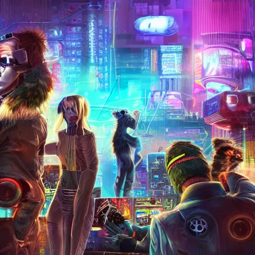 Image similar to high - resolution photograph from a cyberpunk era furry fandom convention ( midwest furfest 2 0 4 7 ), taking place after the genetic revolution and quantum singularity. photorealistic.