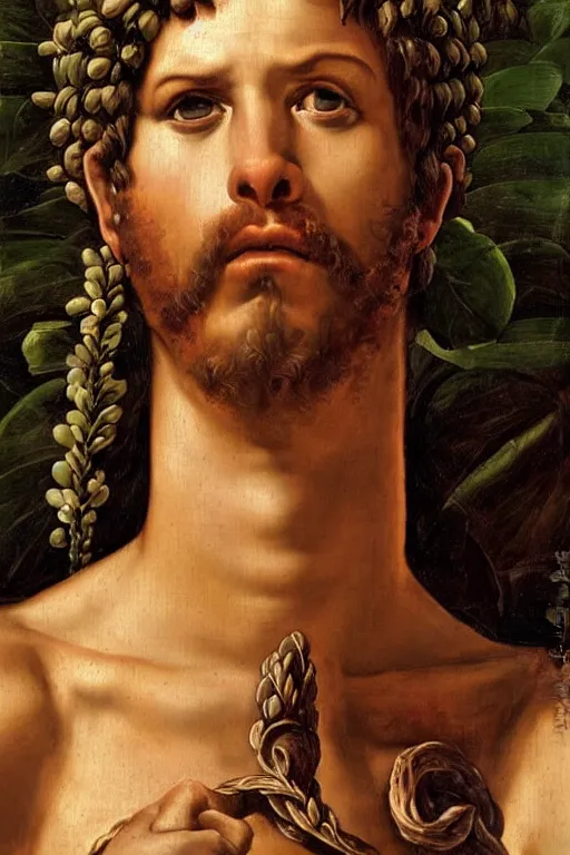 Image similar to renaissance painting of spartan, portrait, face closeup, emotions closeup, dressed in spartan armour, the beautiful garden with liliac bush everywhere, ultra detailed, art by guido reni style, vincenzo catena style