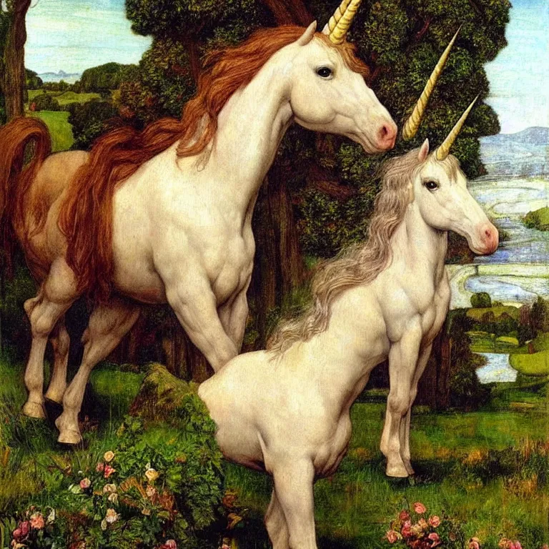 Image similar to A perfect unicorn, pre raphaelite painting