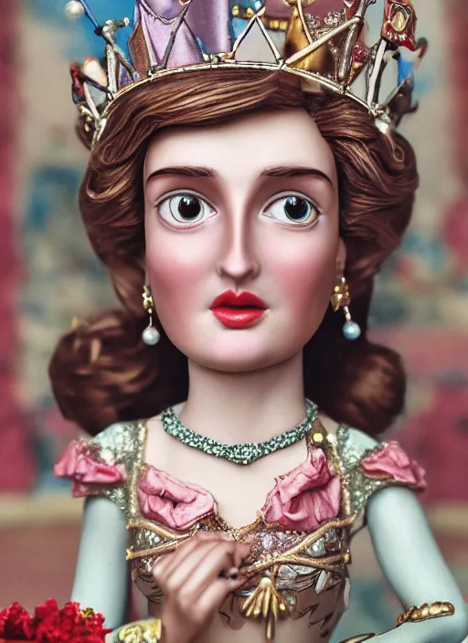 Prompt: closeup face profile portrait of tin toy princess diana as a fairytale princess wearing a crown eating cakes, bikini, depth of field, zeiss lens, detailed, symmetrical, centered, fashion photoshoot, by nicoletta ceccoli, mark ryden, lostfish, breathtaking, 8 k resolution, extremely detailed, beautiful, establishing shot, artistic, hyperrealistic, octane render