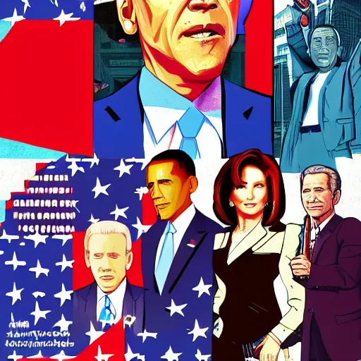 Image similar to gta chinatown wars art style as joe biden, george w bush, nancy pelosi, hot asian babes, obama, on next gta poster, hyperrealistic, rgba colors, remove duplicate content, justify contents center.