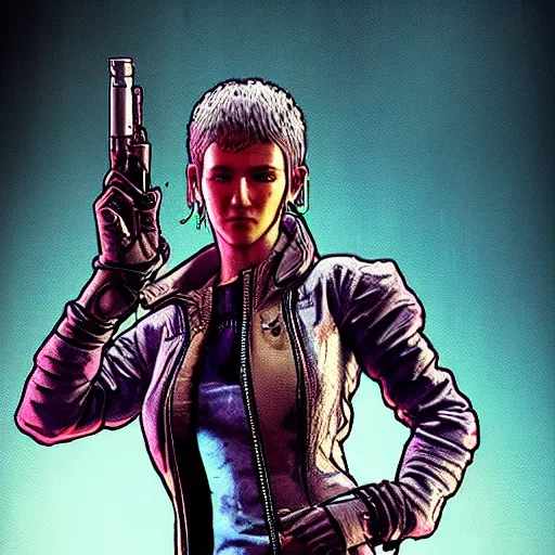 Image similar to Maria. cyberpunk mercenary smoking a cigar. Style of James Gurney and Mœbius. (Cyberpunk 2077. Blade Runner. Apex Legends. The matrix)