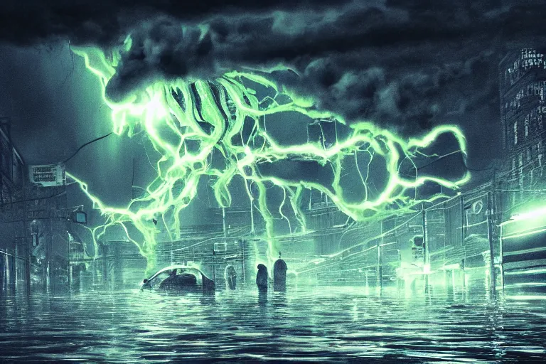 Prompt: monstrous tornado with creeping tendrils looming over a flooded city, flying debris, night, backlit, sprites, hyperdetailed, high contrast, unsplash, artstation