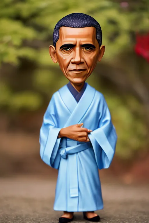 Image similar to full body 3d render of barack obama as an chibi figurine wearing a beautiful kimono, shinto shrine, blender, trending on artstation, 8k, highly detailed, bokeh, depth of field