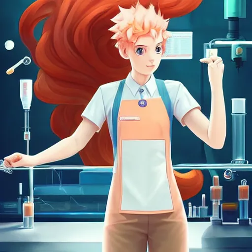 Prompt: British Pokemon original character with peach colored hair and heterochromia, Pixar style, beautiful woman, scientist, standing in a lab in front of a giant containment liquid filled tank, by Tristan Eaton Stanley Artgerm and Tom Bagshaw, Makoto Shinkai ilya kuvshinov and Wojtek Fus