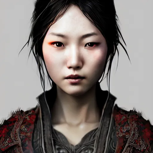 Prompt: Ultrawide Portrait of a Very Beautiful Asian with fire in her eyes, Bloodborne concept art, trending on Artstation, photorealistic image, 8k