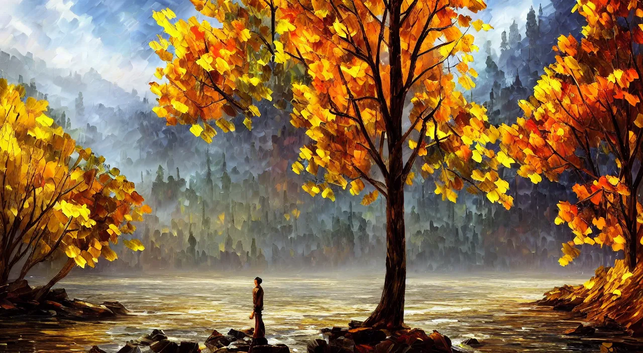 Image similar to A highly detailed matte oil painting by Afremov and Greg Rutkowski of a very tall tree with lots of golden leaves growing on a pile of rocks in the middle of a river of pure gold.