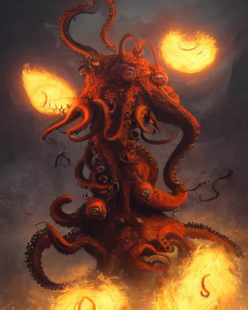 Prompt: oil painting of Angry Anthropomorphized Octopus Berserker, wearing fur armor, claws, sharp focus, attack pose, fantasy style, octane render, volumetric lighting, 8k high definition, by greg rutkowski, highly detailed, trending on art Station, magic the gathering artwork, burning Battlefield background, centered