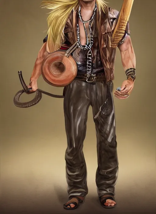 Image similar to a male ranger with a bongo drum and holding nunchaku, wearing a leather vest and white linen pants, chiseled good looks, long swept back blond hair, puka shell necklace, dnd, digital art