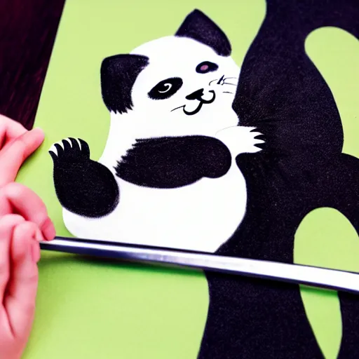 Prompt: kids drawning of a cute kitten with panda body and cat face, in a kimono, holds a sword, by a six years old 4 k