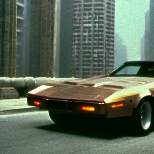 Image similar to muscle car in crowded cityscape, blade runner (1982), shallow depth of field medium shot, award winning, gritty, god rays