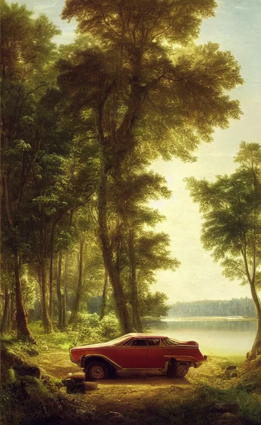 Prompt: artwork painting of a lush environment, volumetric light rays, a car parked by the lake with the trunk open by eugene von guerard, ivan shishkin