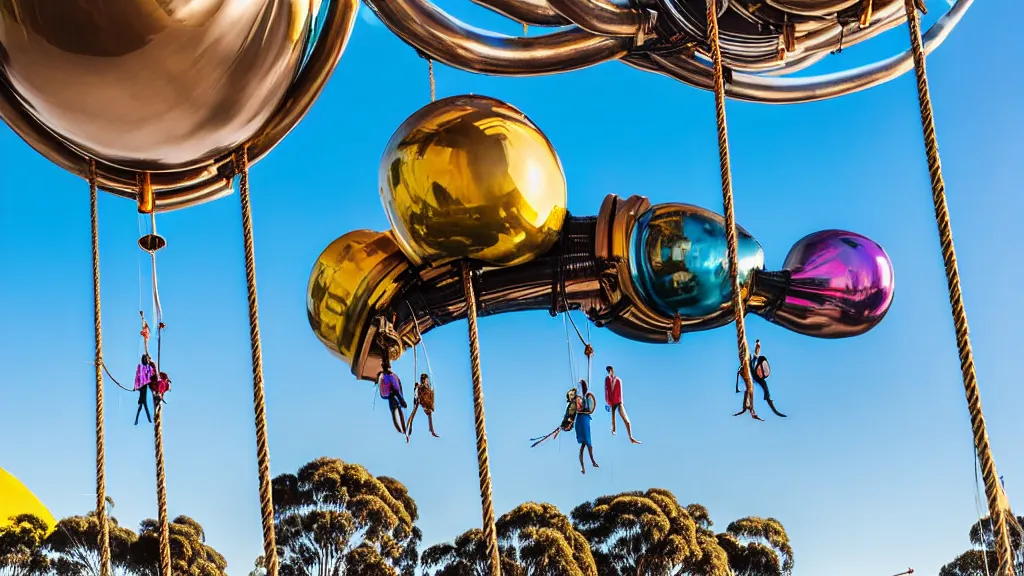 Image similar to large colorful futuristic space age metallic steampunk balloons with pipework and electrical wiring around the outside, and people on rope swings underneath, flying high over the beautiful melbourne in australia city landscape, professional photography, 8 0 mm telephoto lens, realistic, detailed, photorealistic, photojournalism