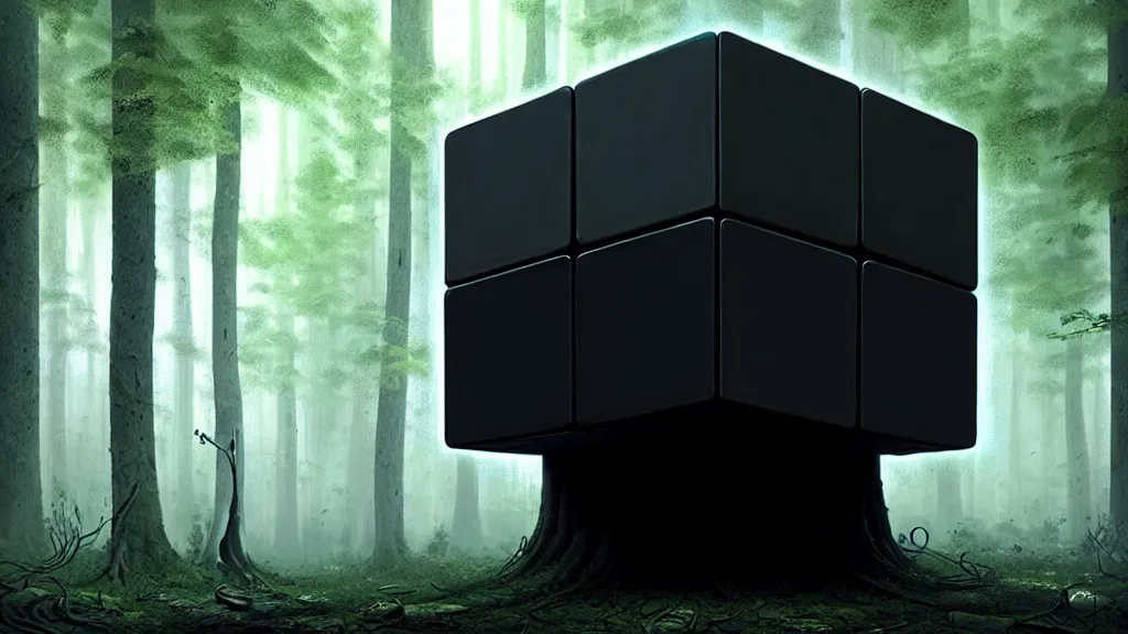 Prompt: a huge black alien cube with a strange texture from nanotechnology, forgotten and lost in the forest, detailed digital art by greg rutkowski.