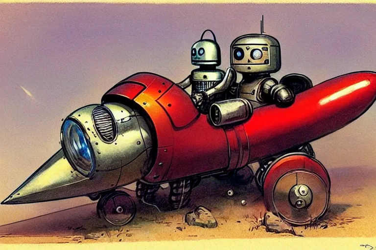 Prompt: adventurer. 1 9 5 0 s retro future robot android mouse rv rocket sled robot. muted colors.. by jean baptiste monge. chrome red