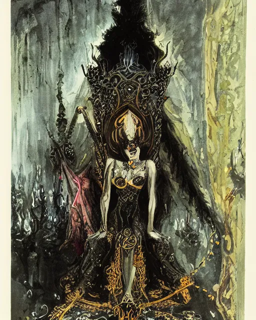 Image similar to an illustration of a dark queen on a throne at night by marc davis and by gustave moreau, realistic, gouache, painting