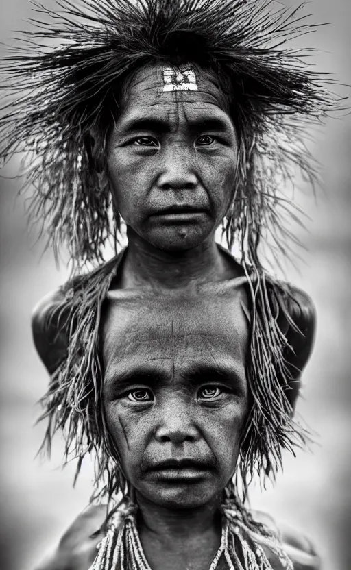 Image similar to Award winning Editorial photo of a Native Kiribati with incredible hair and beautiful hyper-detailed eyes wearing traditional garb with a Bokikokiko by Lee Jeffries, 85mm ND 5, perfect lighting, gelatin silver process