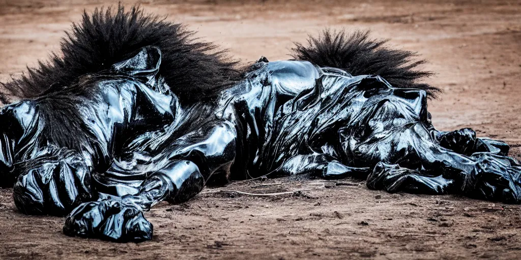 Prompt: a shiny black goo covered lion, lion made of black goo, goo lion, lion made of goo, latex shiny, laying in a tar pit, dslr, photography, ferrofluid, wildlife photography, award winning animal photography, safari