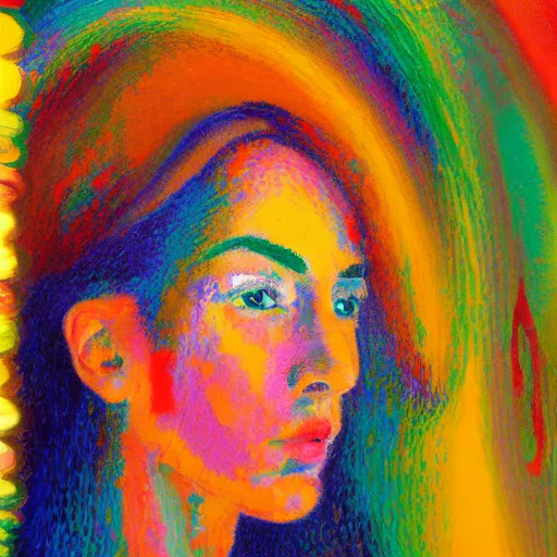 Image similar to oil on canvas, vivid colours, portrait of a beautiful woman, very impressionistic, abstract, pointillism, it is painted really roughly