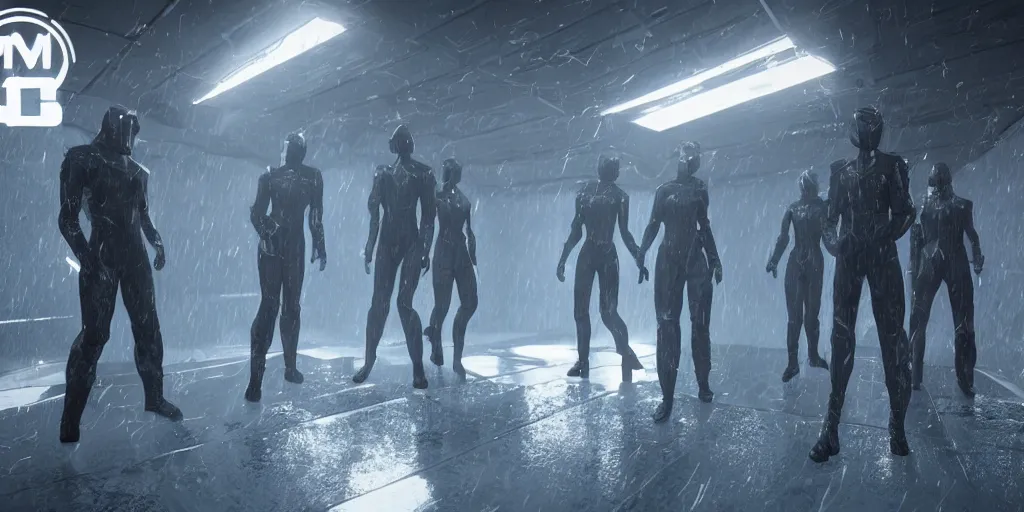 Image similar to sci - fi squad in wet cloaks, infiltrating on the ceiling at midnight storm, lightning, unreal engine 5