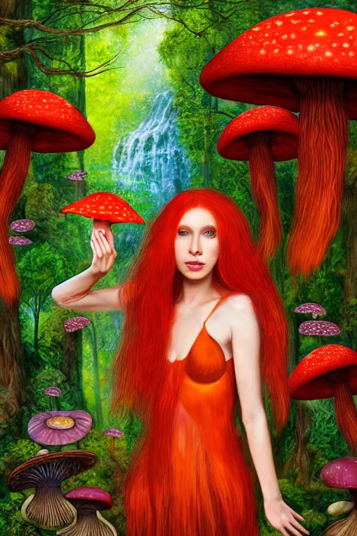 Prompt: a realistic portrait of a beautiful red haired mushroom goddess, standing in a waterfall, in an enchanted psychedelic mushroom forest, eating a mushroom, butterflies, sunbeams, at sunset, wlop