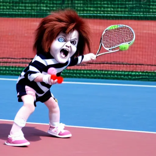 Image similar to cute little screaming chucky doll playing tennis