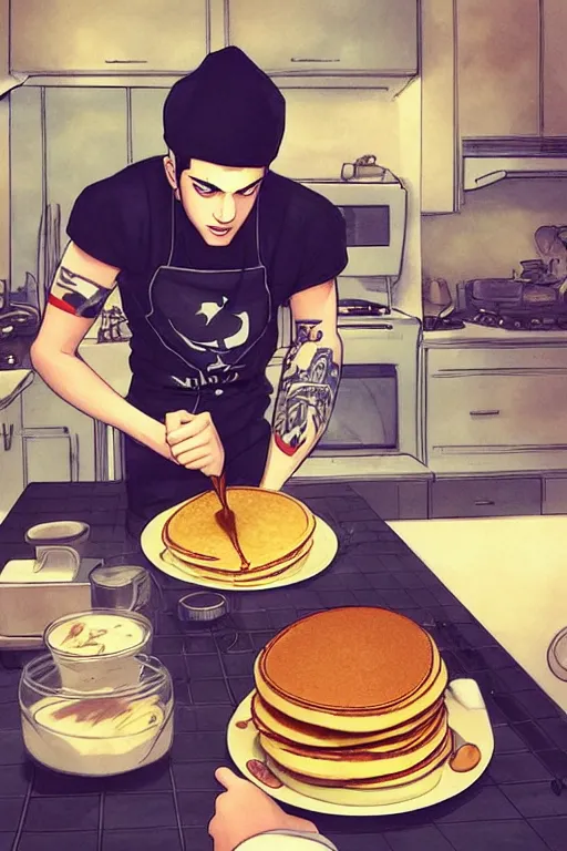 Prompt: pete davidson making pancakes, animation pixar style, by pendleton ward, magali villeneuve, artgerm, rob rey and kentaro miura style, golden ratio, trending on art station