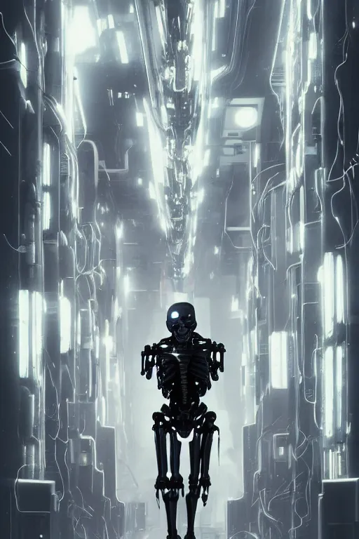Image similar to skeletal black mecha walking down white marble hallway, Skeletal face android face one eye. mecha (carbon fiber) long limbs black panels reflective. Skeletal face android face one eye ((glowing_red_eye)) exposed wiring cable wire harness RTX On UE5 Artstation Bladerunner_2049_scene!!!!!! Cyberpunk 2077 bladerunner2049!!! bladerunner!!!
