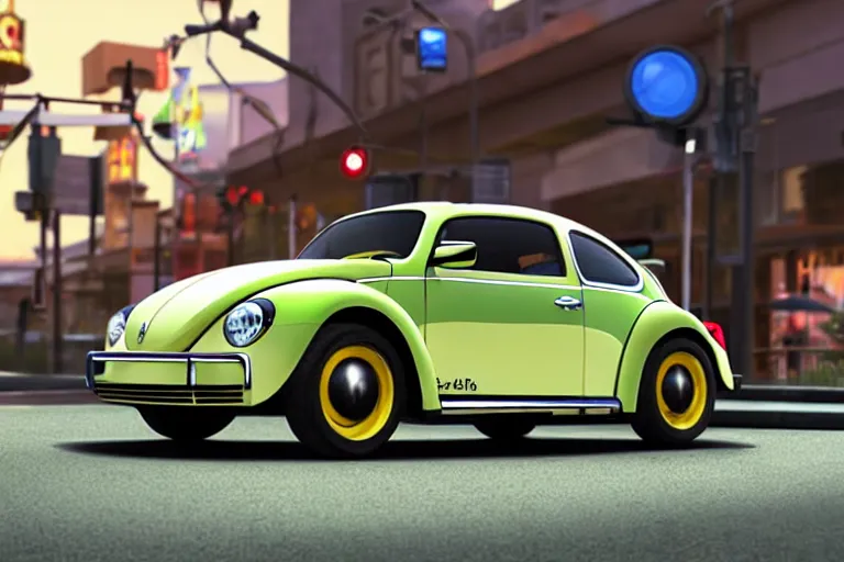 Image similar to a wholesome animation key shot of!! one!! focused!! vw beetle superbug!! in shiny reflective stainless steel, in a las vegas street, medium shot, studio ghibli, ( pixar ) and disney animation, sharp, very detailed, high resolution, rendered in unreal engine 5, anime key art by greg rutkowski, bloom, dramatic lighting