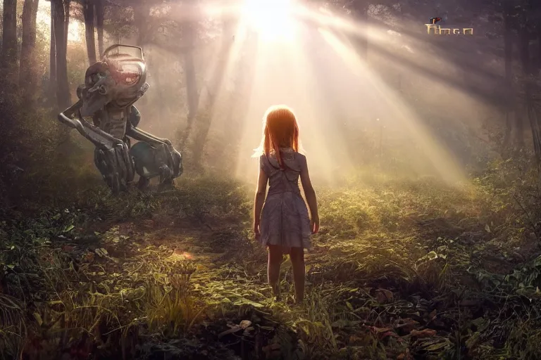 Image similar to the great beyond, sci - fi scene future new york, little girl holding a hand of a big robot, forest punk, crepuscular rays, epic scene, hyper realistic, photo realistic, overgrowth, cinematic atmosphere, ethereal lighting, style of john - waterhouse