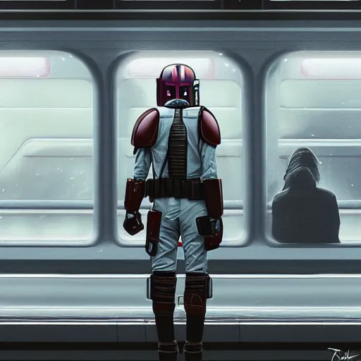 Image similar to a mandalorian waiting for a train at a train station, cyberpunk art by tomer hanuka, cgsociety, photorealism, matte drawing, digital illustration, digital painting