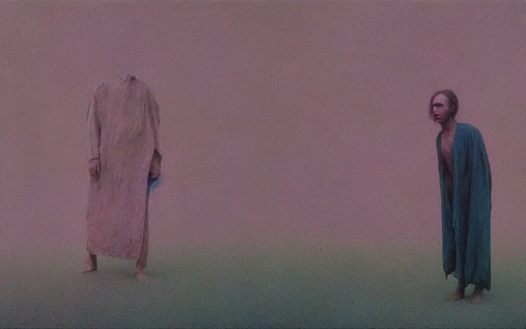 Image similar to colorized movie still from haxan, oil painting by zdzisław beksinski, iridescent color palette chromatic aberration