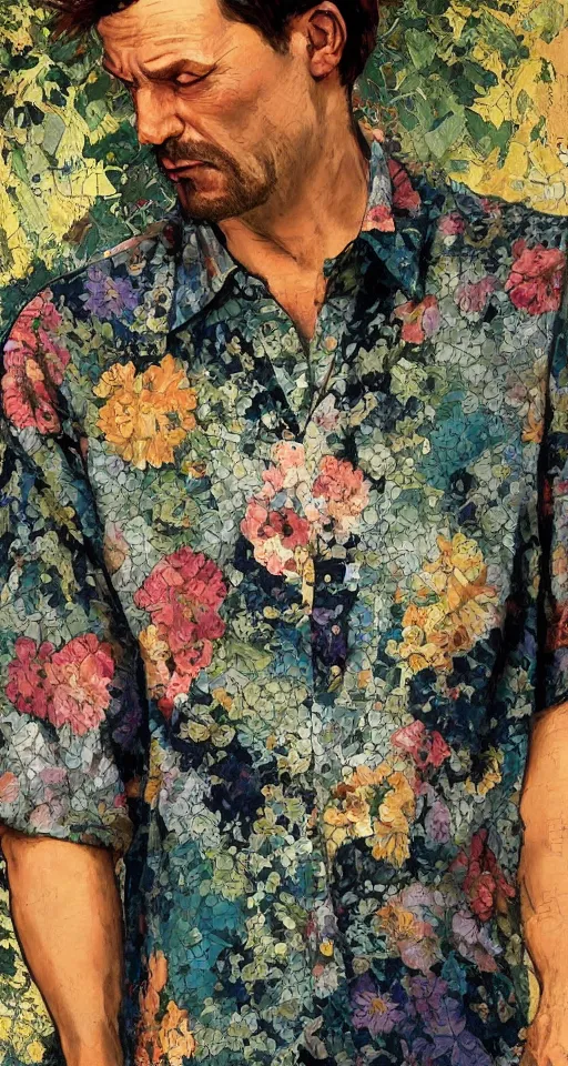 Image similar to close up of max payne floral shirt in a bar, sun shining, photo realistic illustration by greg rutkowski, thomas kindkade, alphonse mucha, loish, norman rockwell.