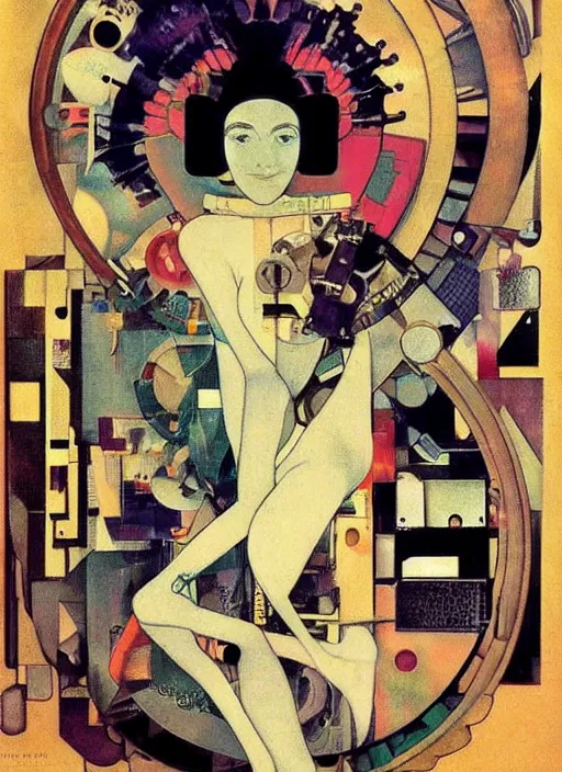 Image similar to cute punk goth fashion fractal tattoed mecha blonde girl wearing a television tube helmet and kimono made of circuits and leds, surreal Dada collage by Man Ray Kurt Schwitters Hannah Höch Alphonse Mucha Beeple