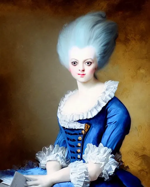 Image similar to cute white cat with blue eyes dressed like marie antoinette, joseph ducreux, greg rutkowski, baroque rococo fashion, royal portrait, elegant, luxurious, oil painting