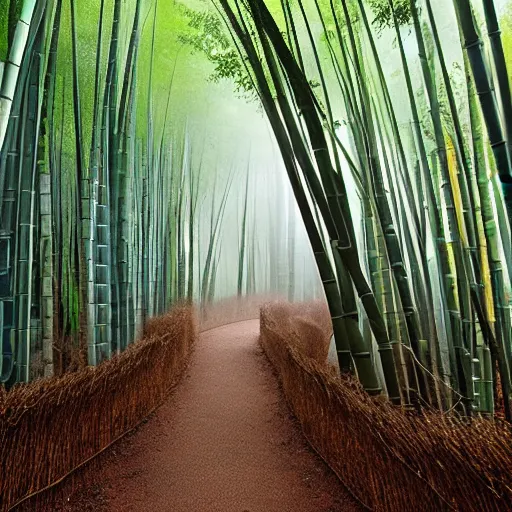 Image similar to round stone path in bamboo forest, dense fog